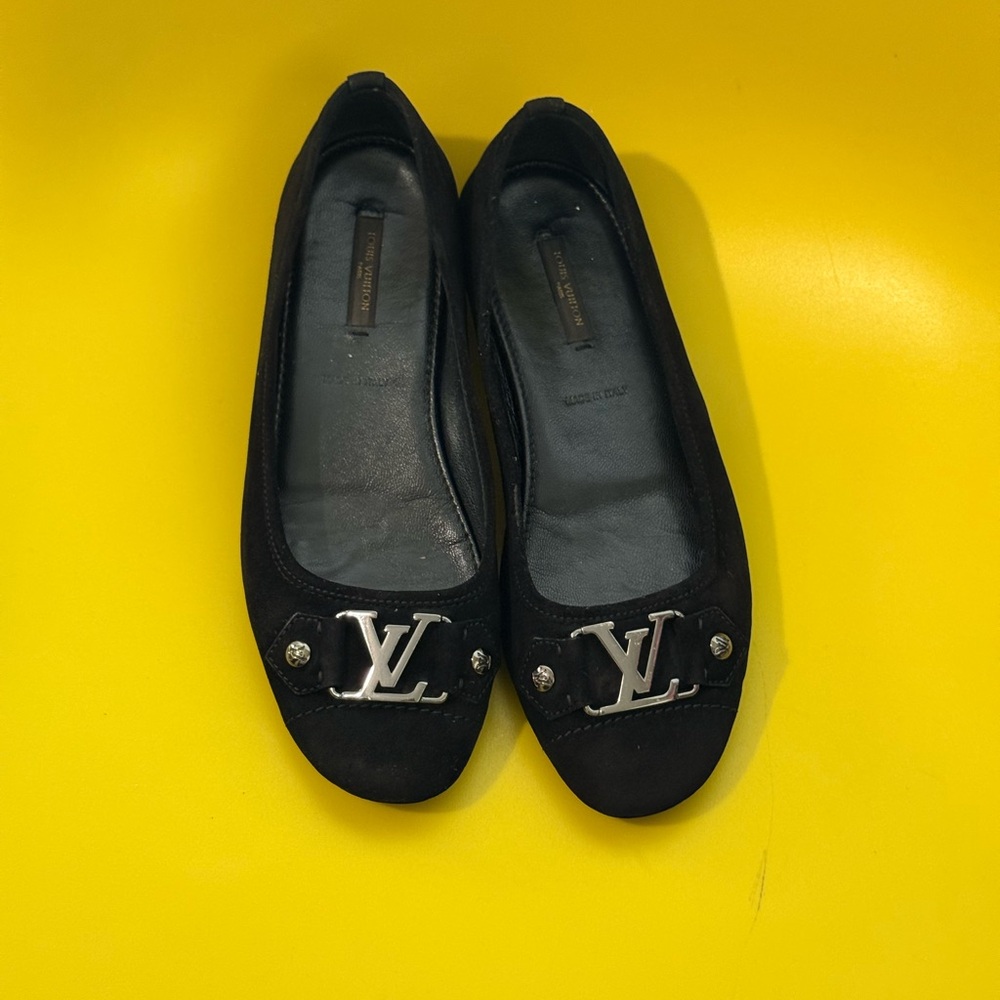 Louis Vuitton Black Suede Ballet Flats with Silver LV Emblem